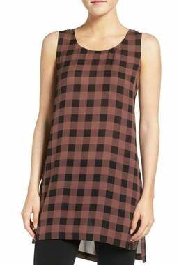 Eileen Fisher 100% Silk Gingham Tank Top Tunic Black Burgundy size PP